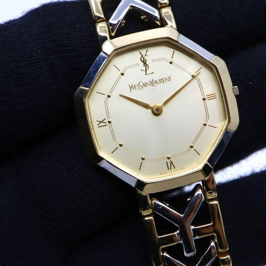 【新品同様/電池交換済】イヴサンローラン YSL 腕時計 4620-E62143 レディース クオーツ アナログ オクタゴン 八角形 ゴールド文字盤 コンビブレス ヴィンテージ クラシック エレガント ドレスウォッチ クリーニング済 G2