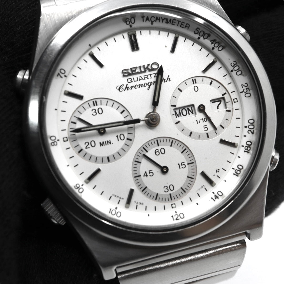 【美品/稼働品/電池交換済】セイコー SEIKO クロノグラフ 7A38-7280 メンズ腕時計 クオーツ アナログ デイデイト タキメーター ホワイト文字盤 シルバー ヴィンテージ 80年代 レトロ クリーニング済 G2