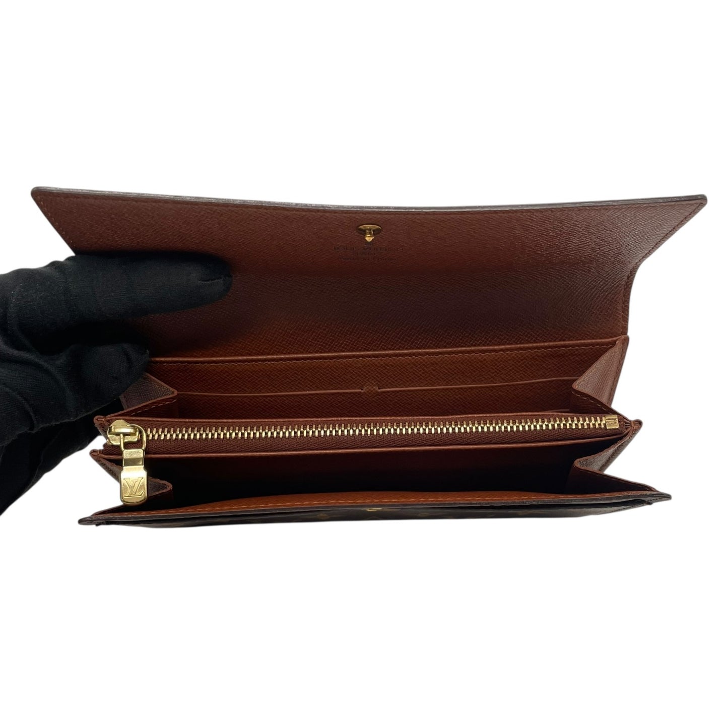 ルイ・ヴィトン LOUIS VUITTON LV モノグラム ポルトフォイユ サラ 長財布 M61734 シリアル刻印 フラップ 茶色 ブラウン 金金具 ゴールド ロゴ金具 W1