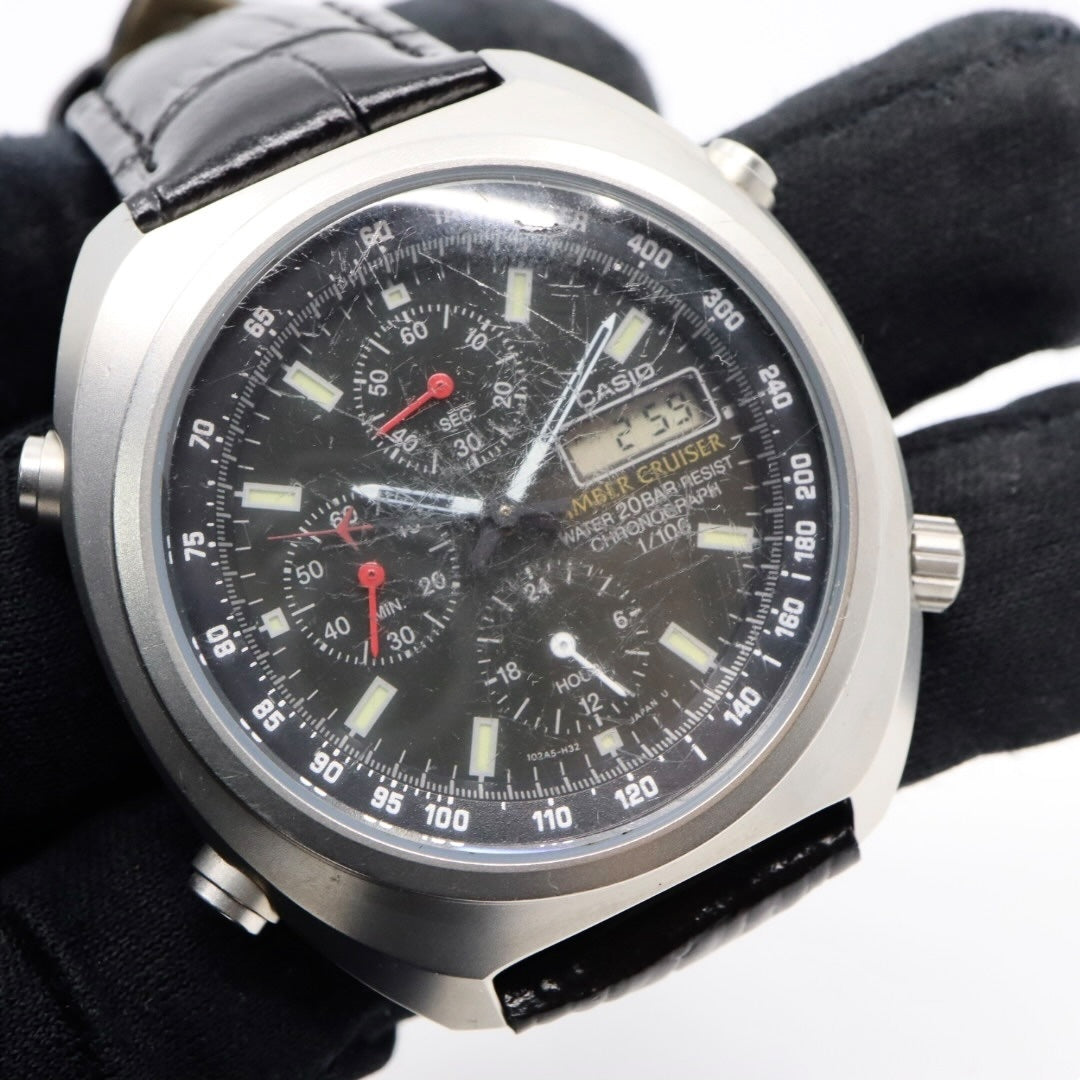 【稼働品】カシオ ティンバークルーザー TIC-100 腕時計 メンズ アナデジ クロノグラフ 20気圧防水 クオーツ ステンレス レザーベルト ブラック 黒文字盤 シルバー ヴィンテージ 希少 レトロ アウトドア G9