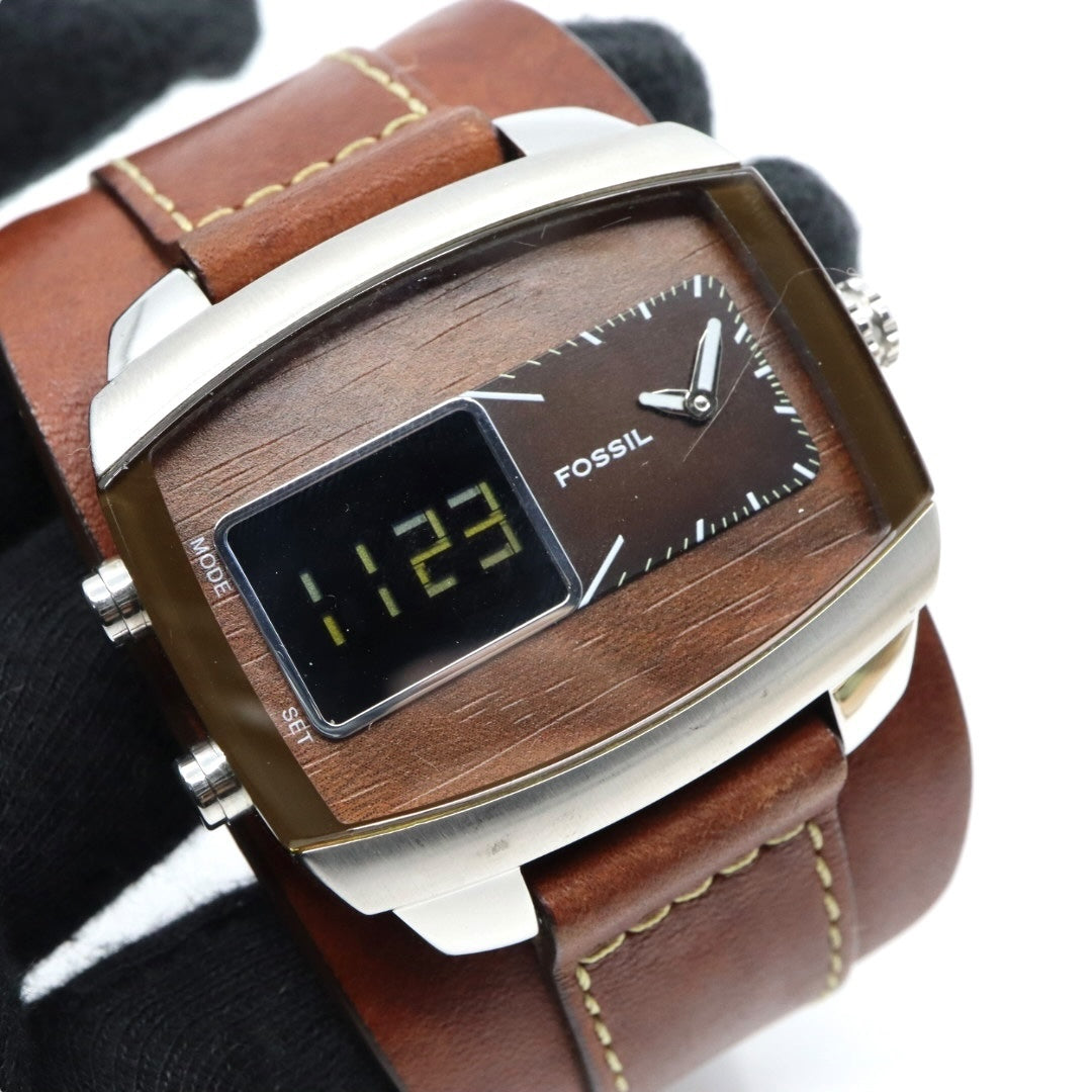 【美品/稼働品】フォッシル 腕時計 JR-9633 アナデジ ウッド調文字盤 カフレザー ワイドベルト ブラウン シルバー メンズ クオーツ ヴィンテージ レトロ 個性的 デザインウォッチ ストリート カジュアル G9