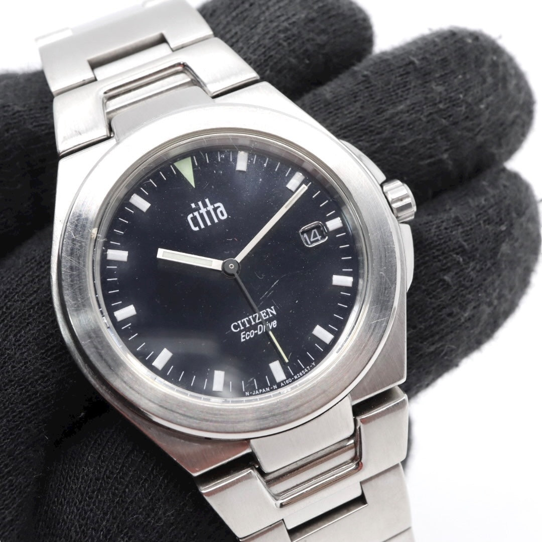 【美品/稼働品】シチズン チッタ Citta エコドライブ 腕時計 A160-H15696 メンズ ソーラー デイト ブラック文字盤 シルバー ステンレス ビジネス カジュアル シンプル ファッション ウォッチ G10 citizen