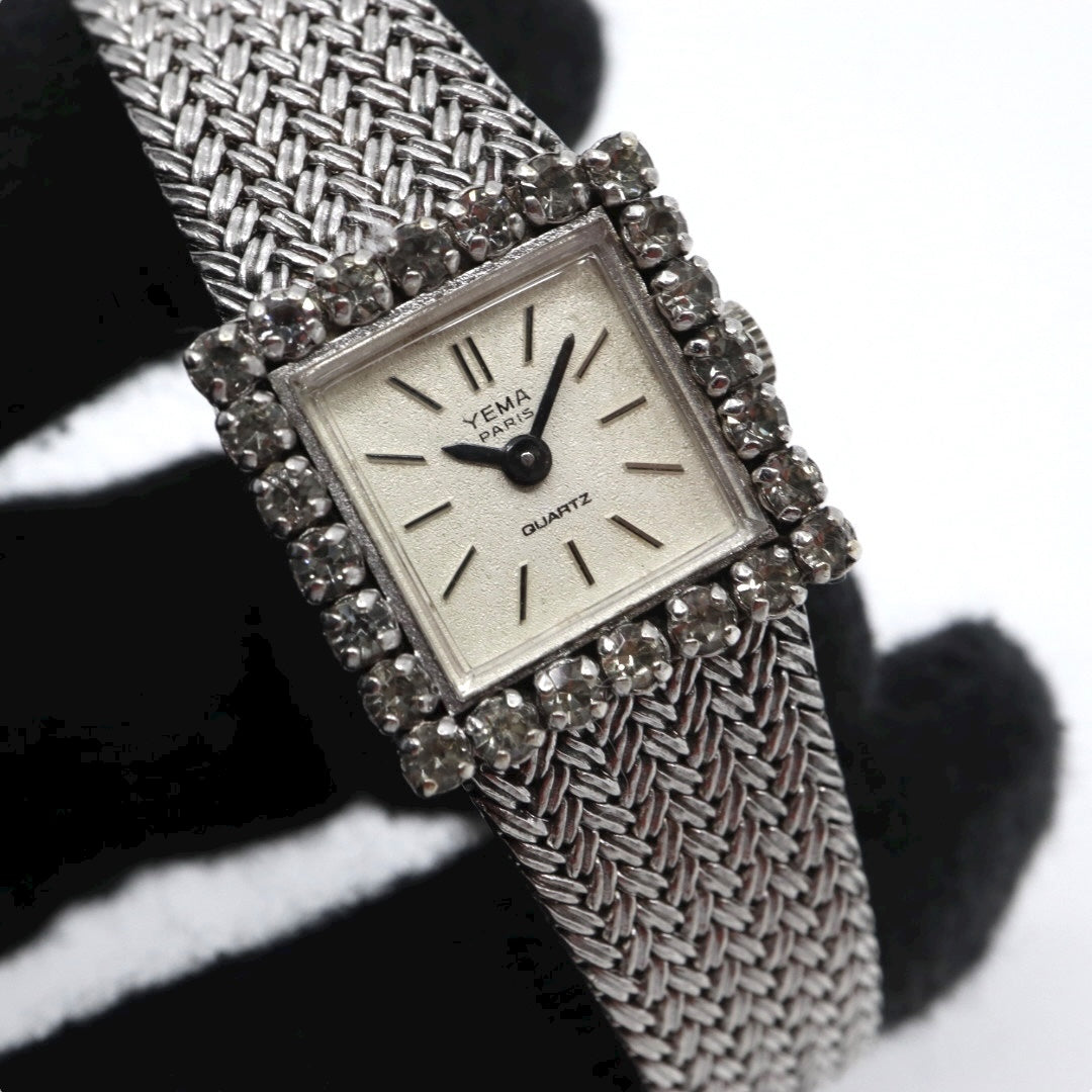 【美品/電池交換済】イエマ YEMA 腕時計 P7307 レディース スクエア ラインストーンベゼル クオーツ シルバー メッシュベルト ブレスレット ジュエリーウォッチ ドレスウォッチ アンティーク ビンテージ クラシック エレガント G10