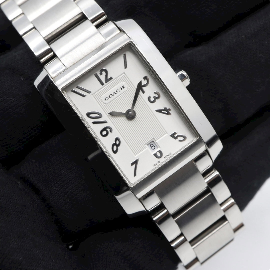 【美品】コーチ COACH 腕時計 レディース レクタンギュラー 0243 スクエア シルバー 白文字盤 ステンレス クォーツ 3針 デイト ビジネス フォーマル オフィス 通勤 クラシック 上品 洗練 スイス製 角型 G10