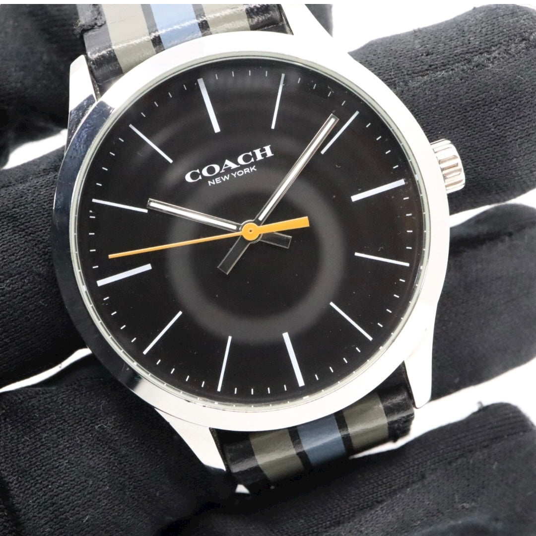【美品】コーチ COACH 腕時計 メンズ チャールズ Charles ブラック シルバー マルチカラー ストライプ レザー CA.118.2.112.1537 クォーツ アナログ 3針 ビジネス カジュアル シンプル 個性的 希少 ビッグフェイス G11