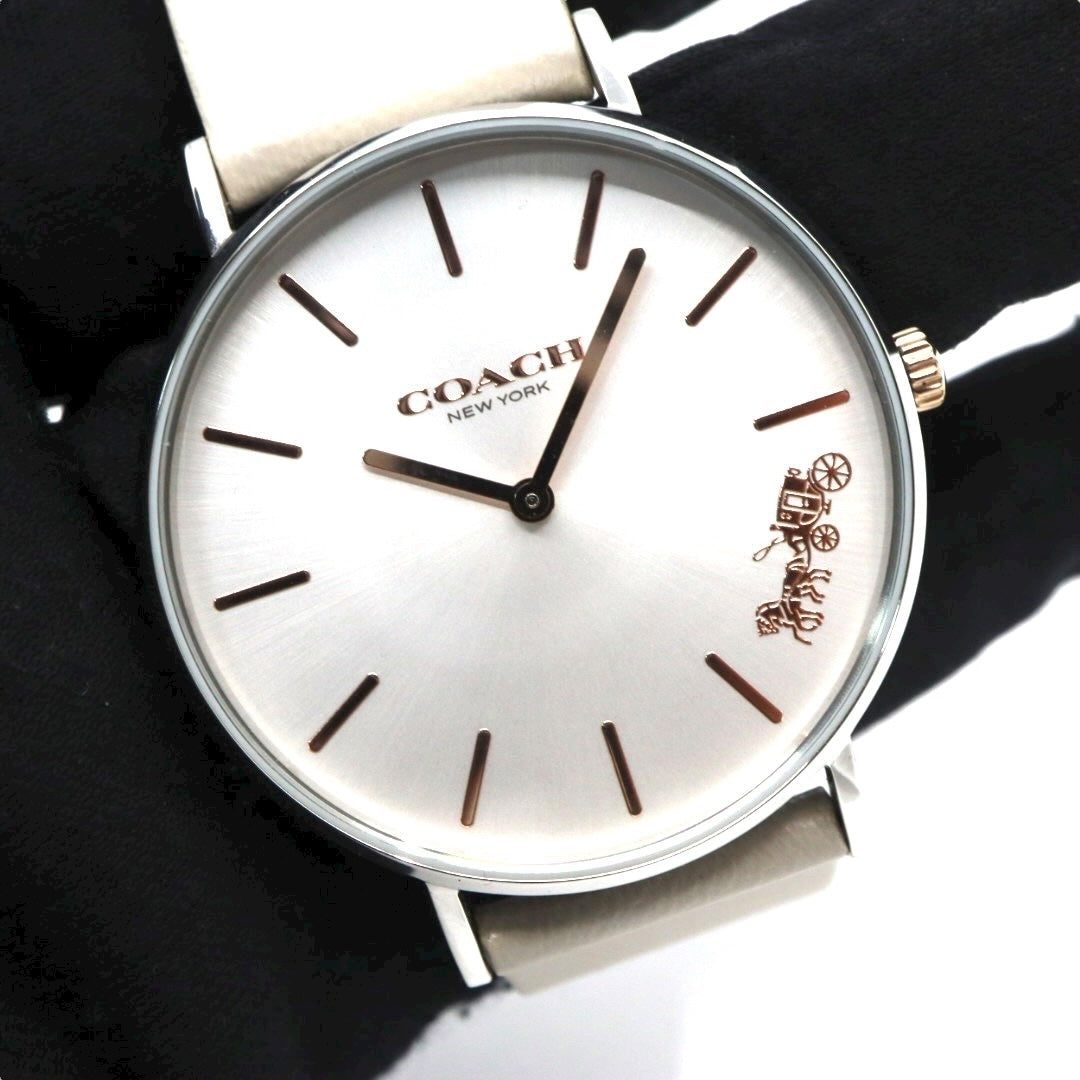 【未使用級】コーチ COACH 腕時計 レディース ペリー Perry シルバー グレージュ レザー CA.120.7.1594 クォーツ アナログ 2針 シンプル オフィス ビジネス 通勤 通学 エレガント 上品 クラシック 大人 馬車ロゴ 美品 G11