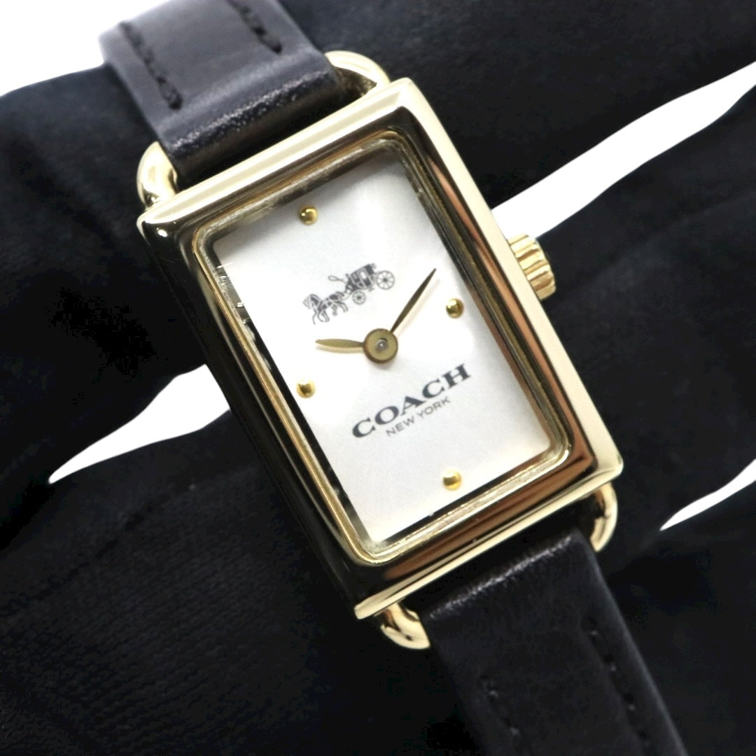 【美品】コーチ COACH 腕時計 レディース Cadie キャディ ゴールド シルバー ブラック レザー レクタンギュラー スクエア CA.144.7.34.3634 クォーツ アナログ 2針 シンプル クラシック エレガント 上品 アールデコ調 G11