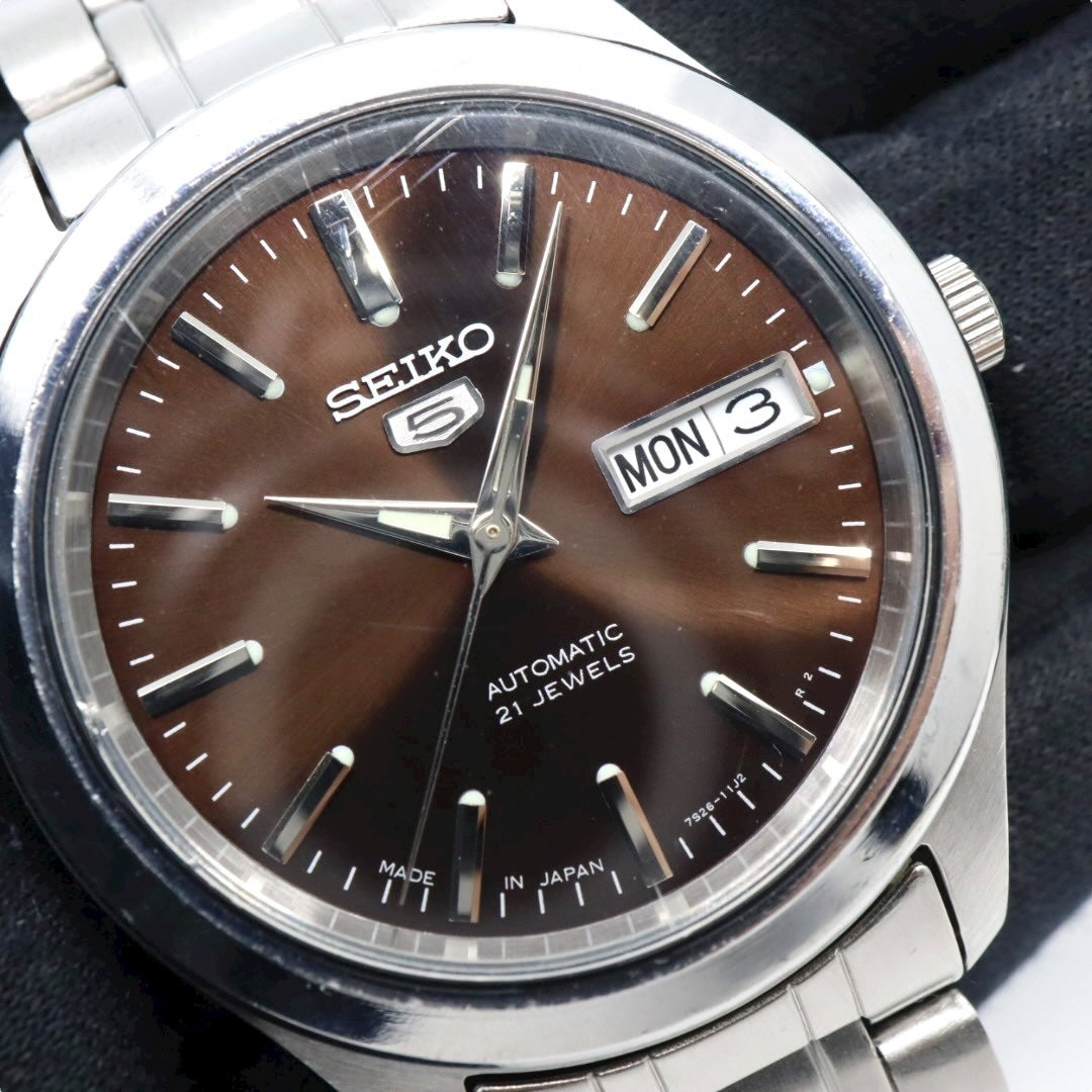 SEIKO セイコー 5 自動巻き メンズ腕時計 ブラウン文字盤 デイデイト ステンレス 裏スケルトン 7S26 Made in Japan G11