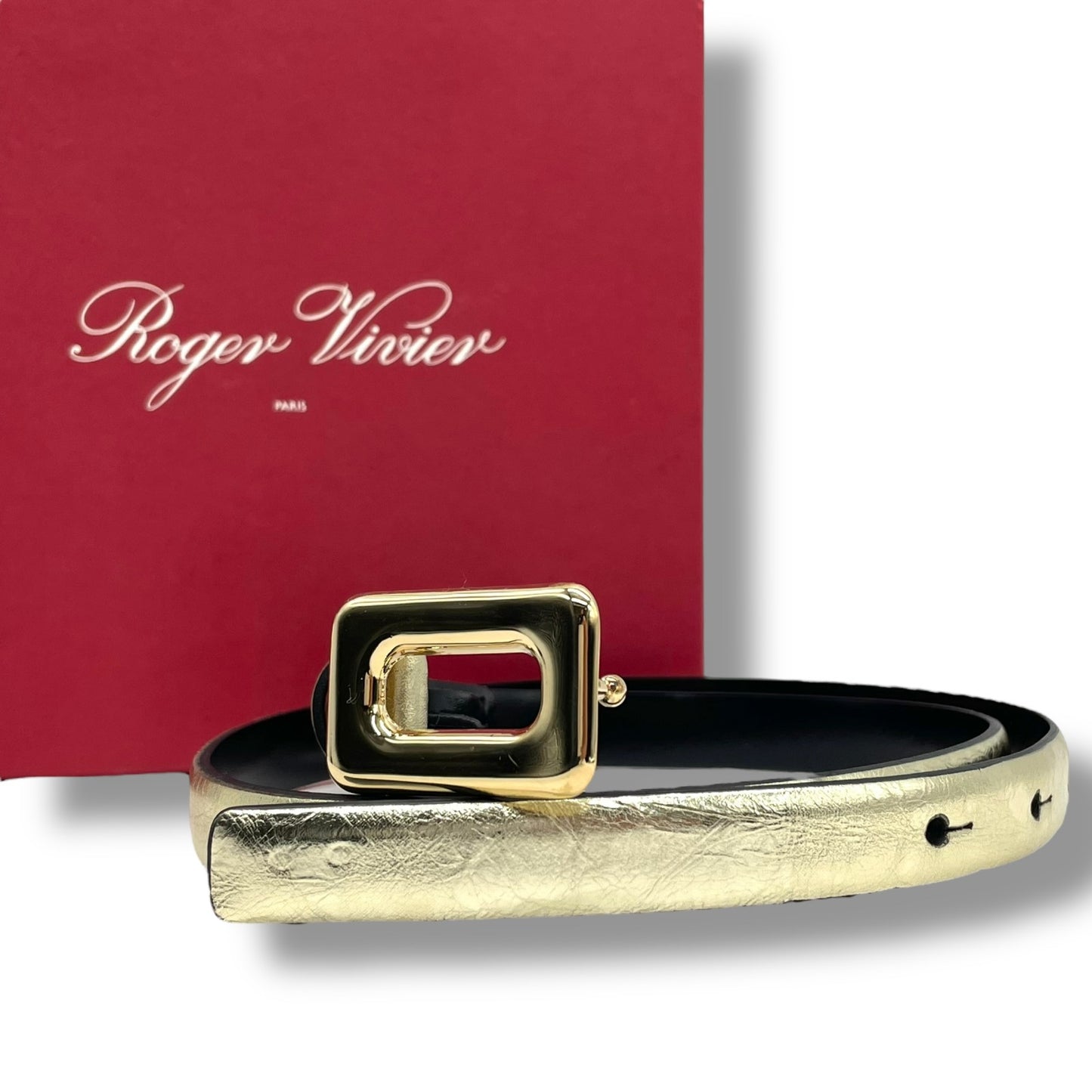 Authentic Roger Vivier Belt Leather Gold Black Gold Hardware Box Women's