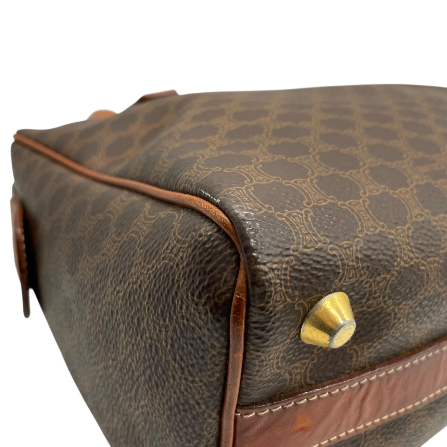 Authentic CELINE Vintage Macadam Handbag Brown PVC Leather Gold Hardware Logo Women's