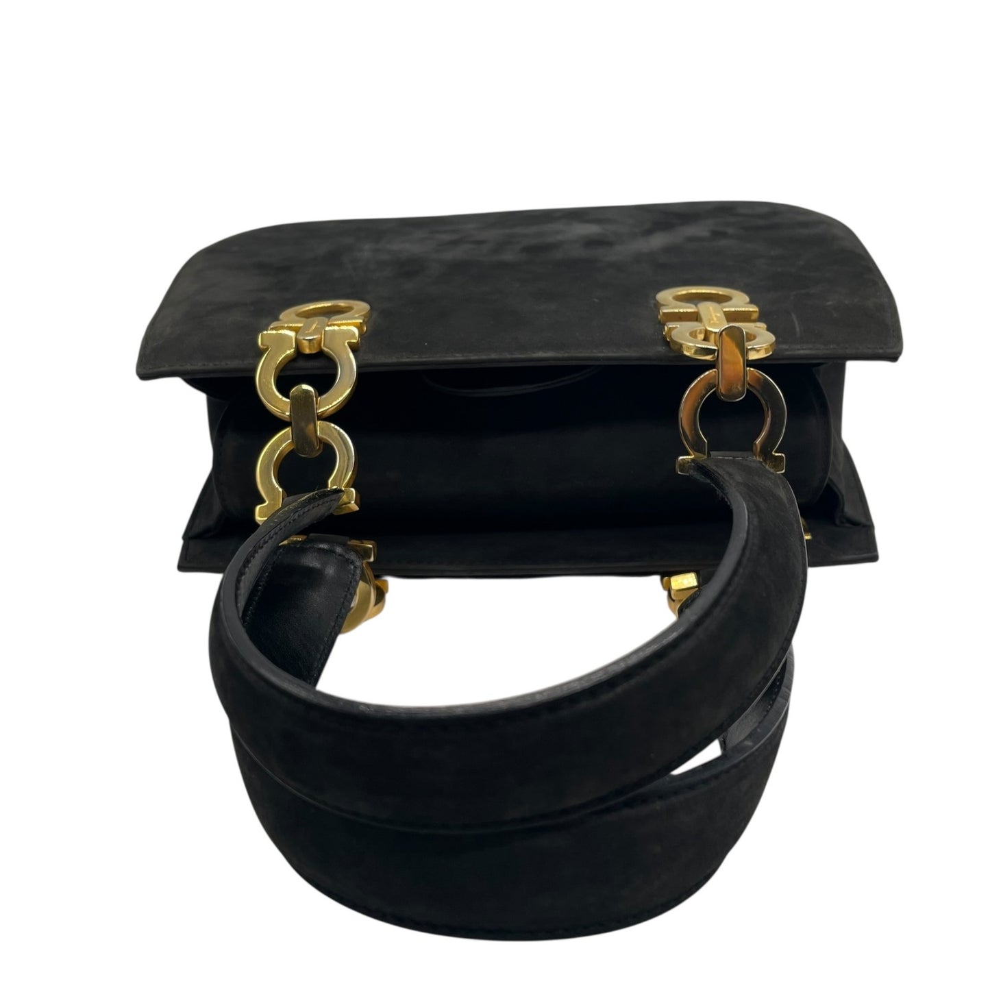 美品 Salvatore Ferragamo フェラガモ ガンチーニ 2WAY ハンドバッグ ショルダーバッグ 黒 ブラック AQ21 ゴールド金具 スエード レディース ヴィンテージ品 E