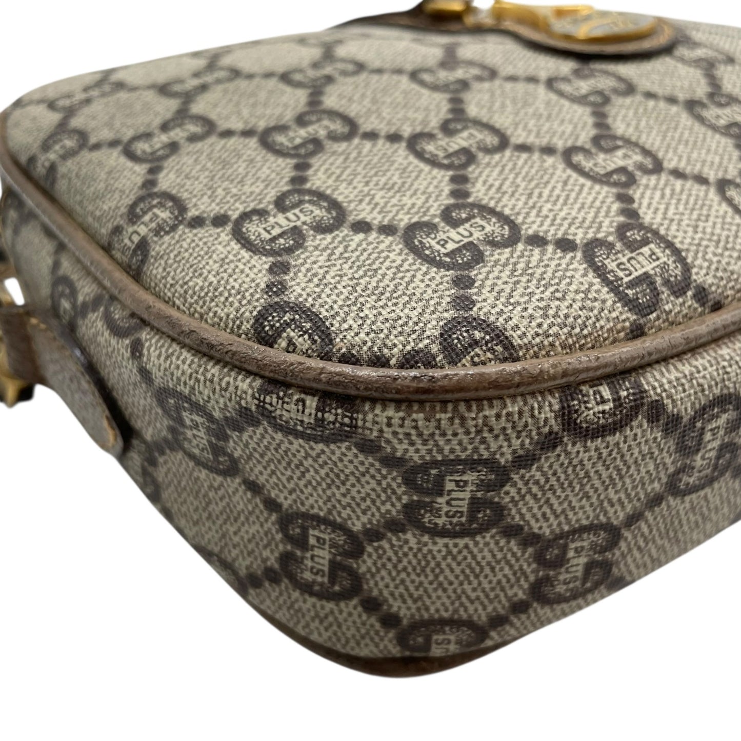 美品 GUCCI オールドグッチ GGプラス ショルダーバッグ PVC レザー グレー ブラウン ゴールド金具 ロゴ 斜め掛け可 カメラバッグ GGスプリーム ヴィンテージ レディース C3