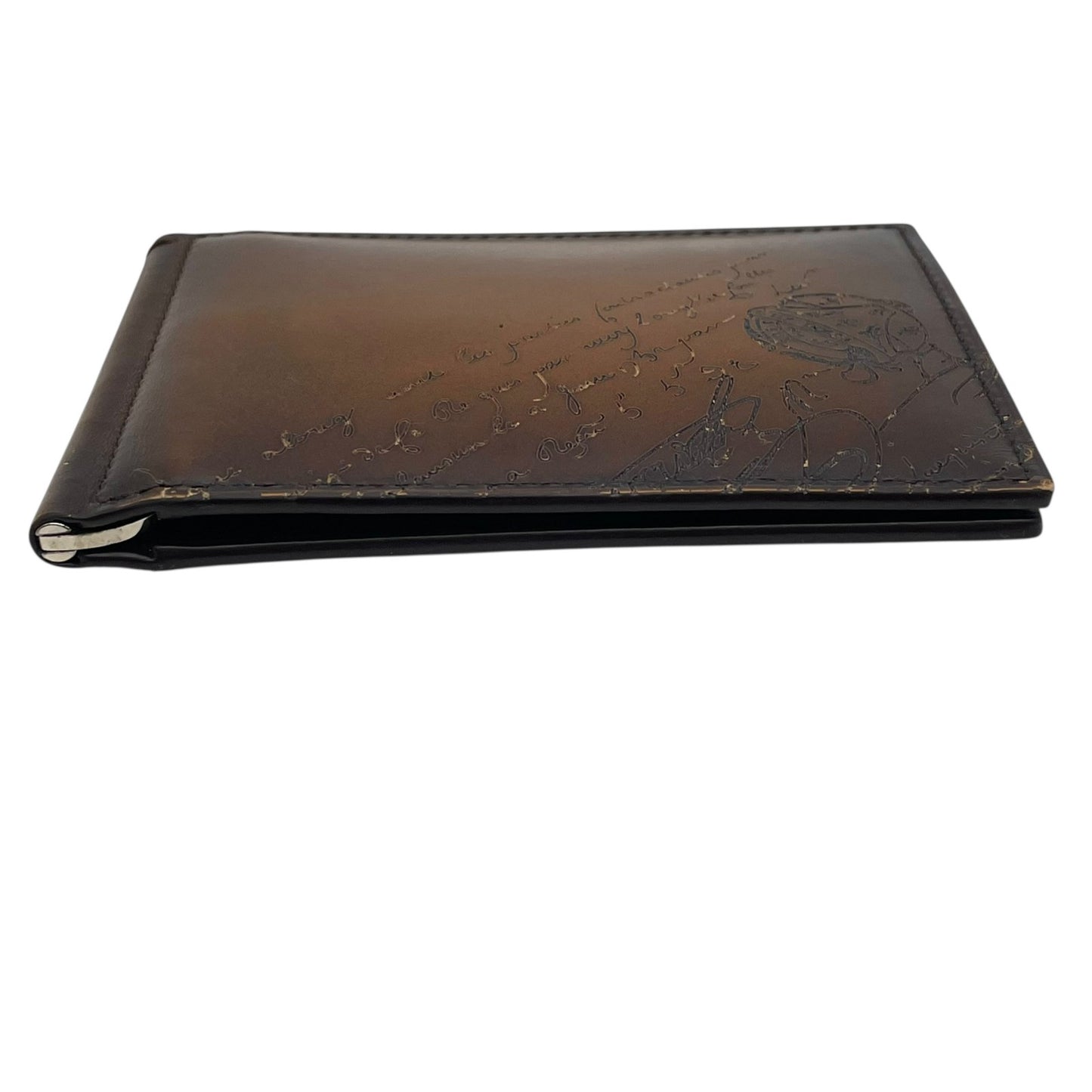 美品 BERLUTI ベルルッティ カリグラフィ マネークリップ 二つ折り フィギュア スクリットレザー コンパクトウォレット 茶 カカオ ブラウン メンズ スタンプ付き W2