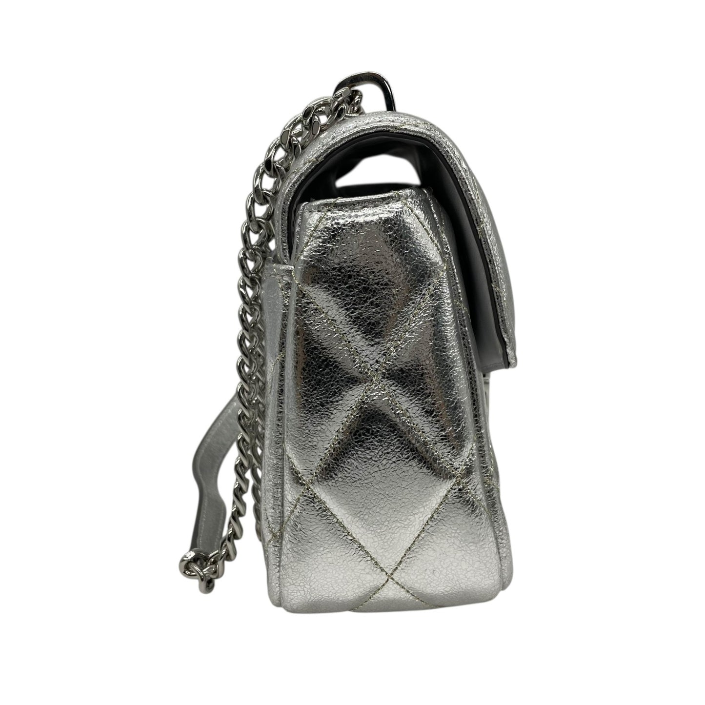 美品 kate spade ケイトスペード キャリー メタリック キルテッド レザー スモール フラップ ショルダーバッグ シルバー チェーンショルダー レディース E5