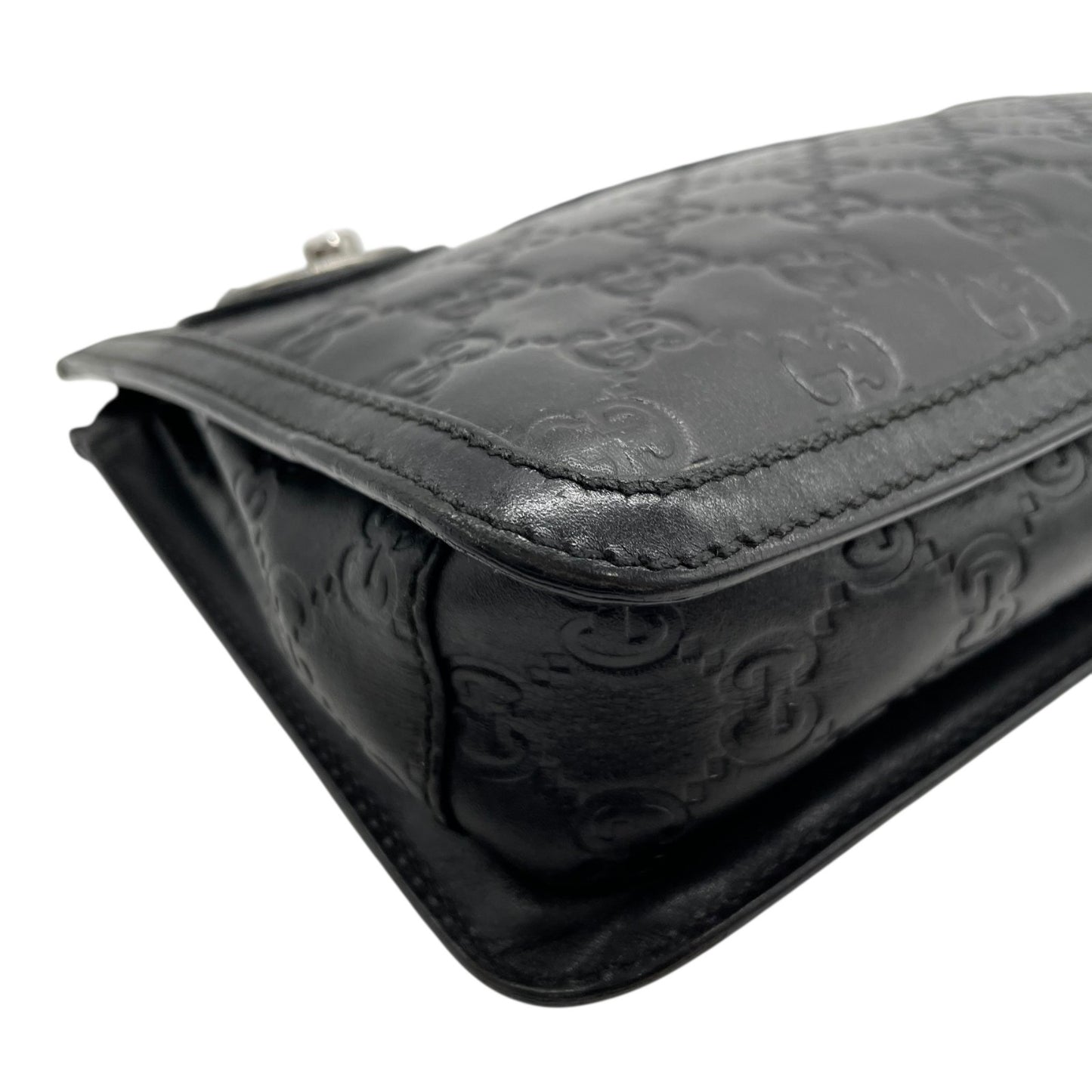 Authentic GUCCI Guccissima GG Clutch Bag Black Leather Silver Hardware With Strap