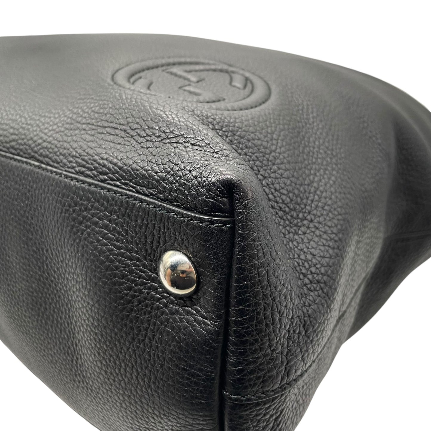 Authentic GUCCI Soho Tote Bag Black Leather Silver GG Logo Interlocking G Shoulder