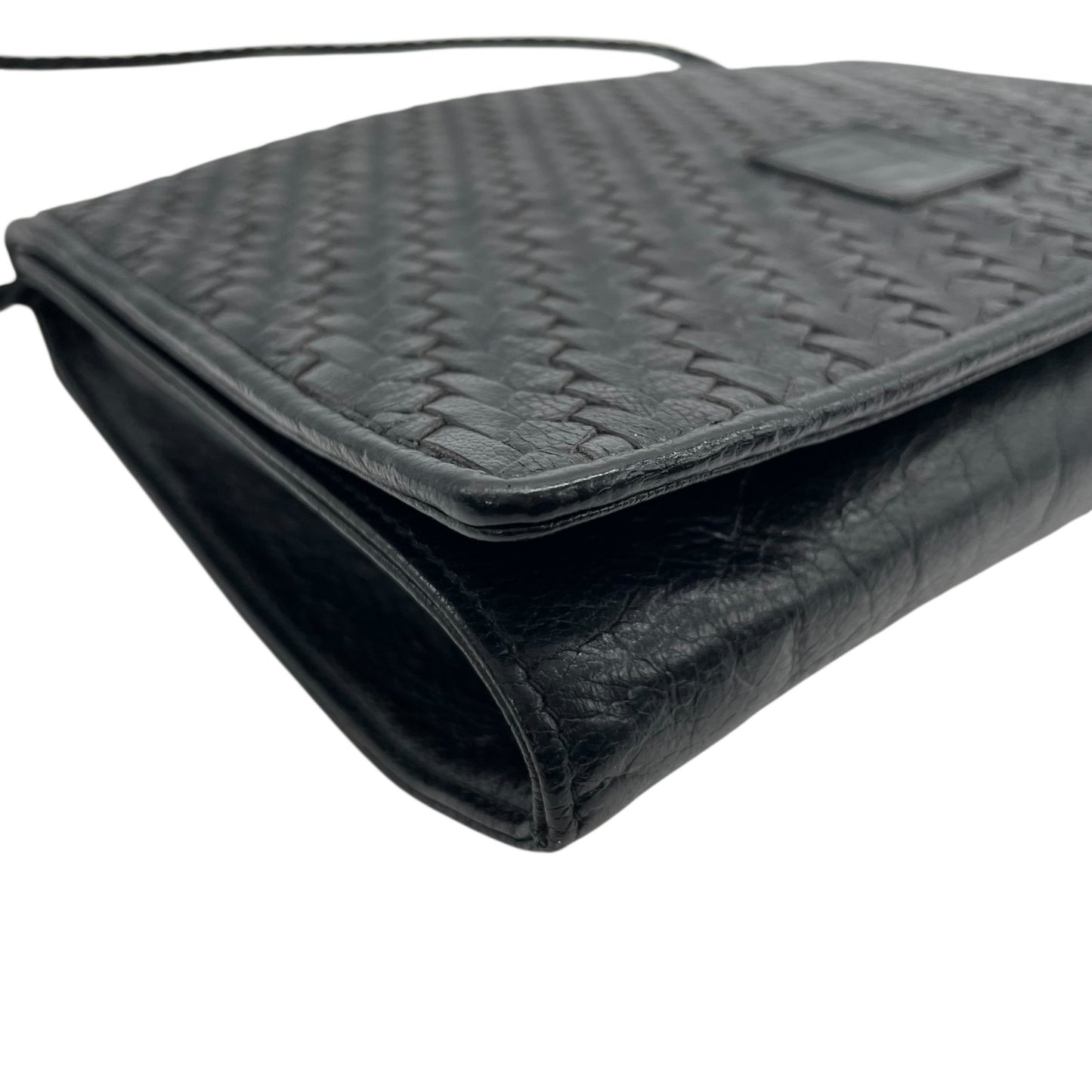 Authentic FENDI Woven Leather Shoulder Bag Black Flap Pochette Crossbody Vintage Leather Women