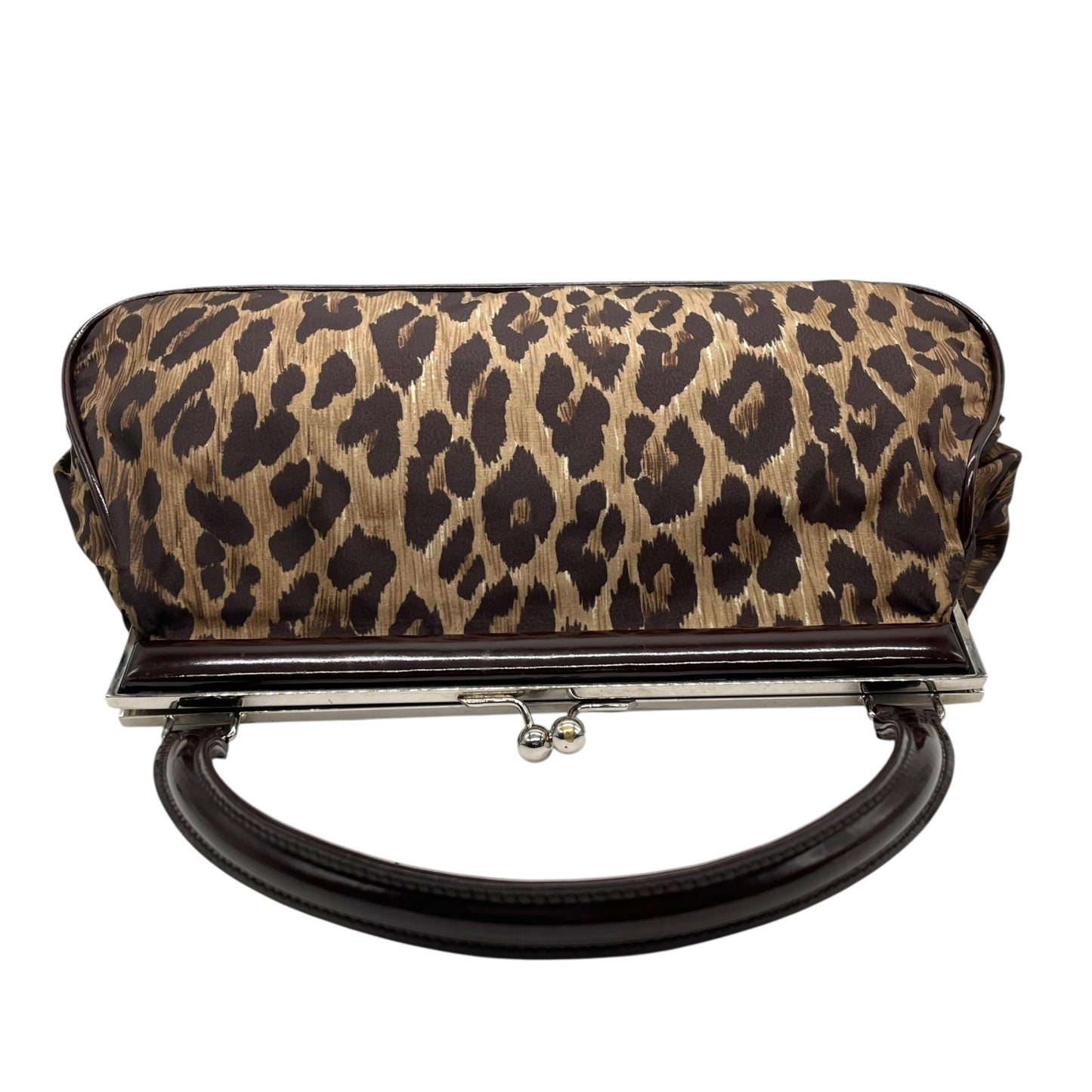 美品 DOLCE&GABBANA ドルチェ＆ガッパーナ ハンドバッグ レオパード ヒョウ柄 茶 ブラウン ナイロン パテントレザー シルバー金具 がま口 レディース C3