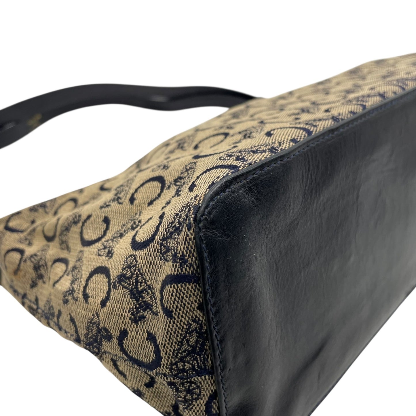 Authentic CELINE CMacadam Triomphe Canvas Leather Shoulder Bag Beige Black