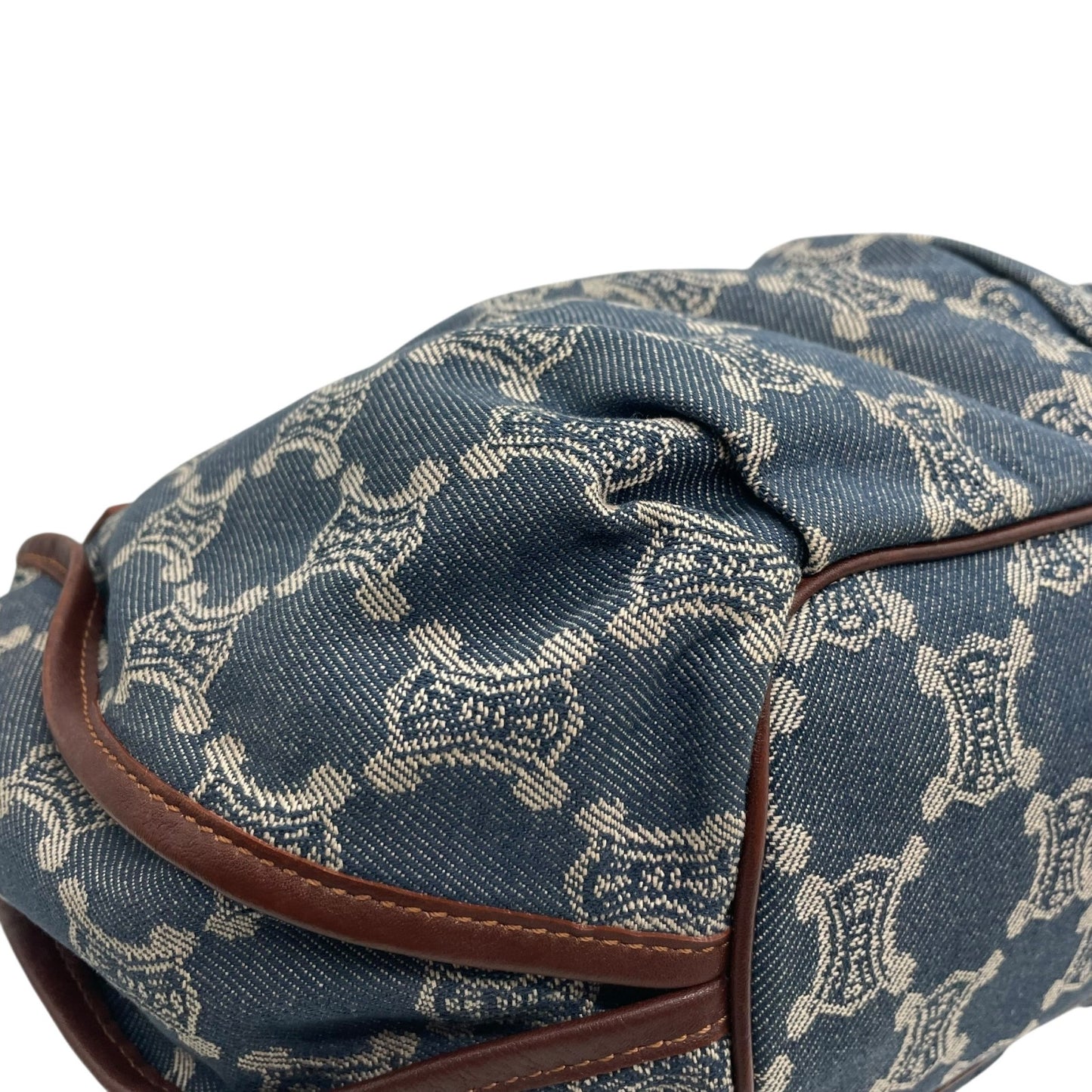 Authentic CELINE Pari Macadam Triomphe Denim Leather Handbag Brown Hardware