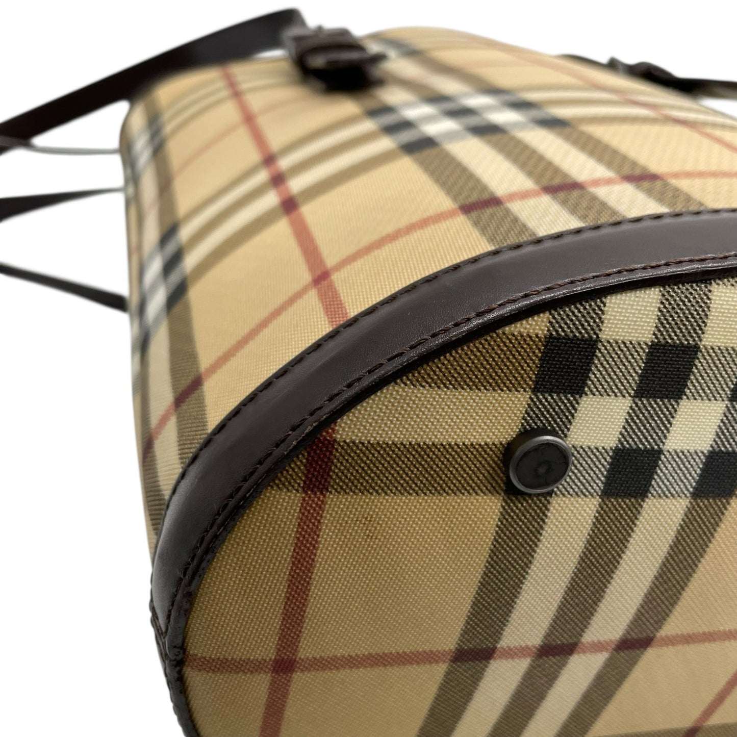 美品 BURBERRY バーバリー ノバチェック バケツ型 ショルダーバッグ トートバッグ PVC レザー ベージュ レッド ダークブラウン メンズ レディース 肩掛け C3