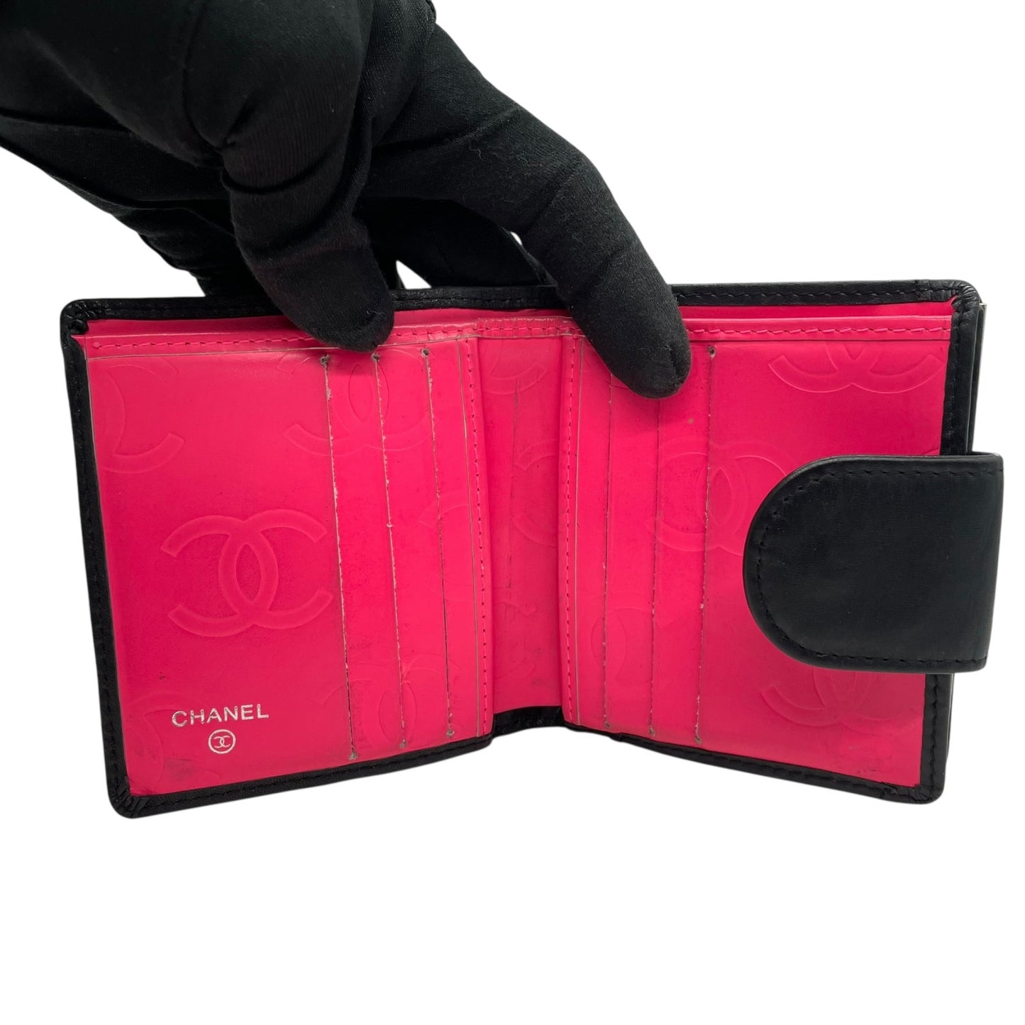 CHANEL シャネル 二つ折り財布 がま口 コンパクトウォレット カンボンライン ココマーク キルティング 黒 ブラック ピンク レザー レディース M1