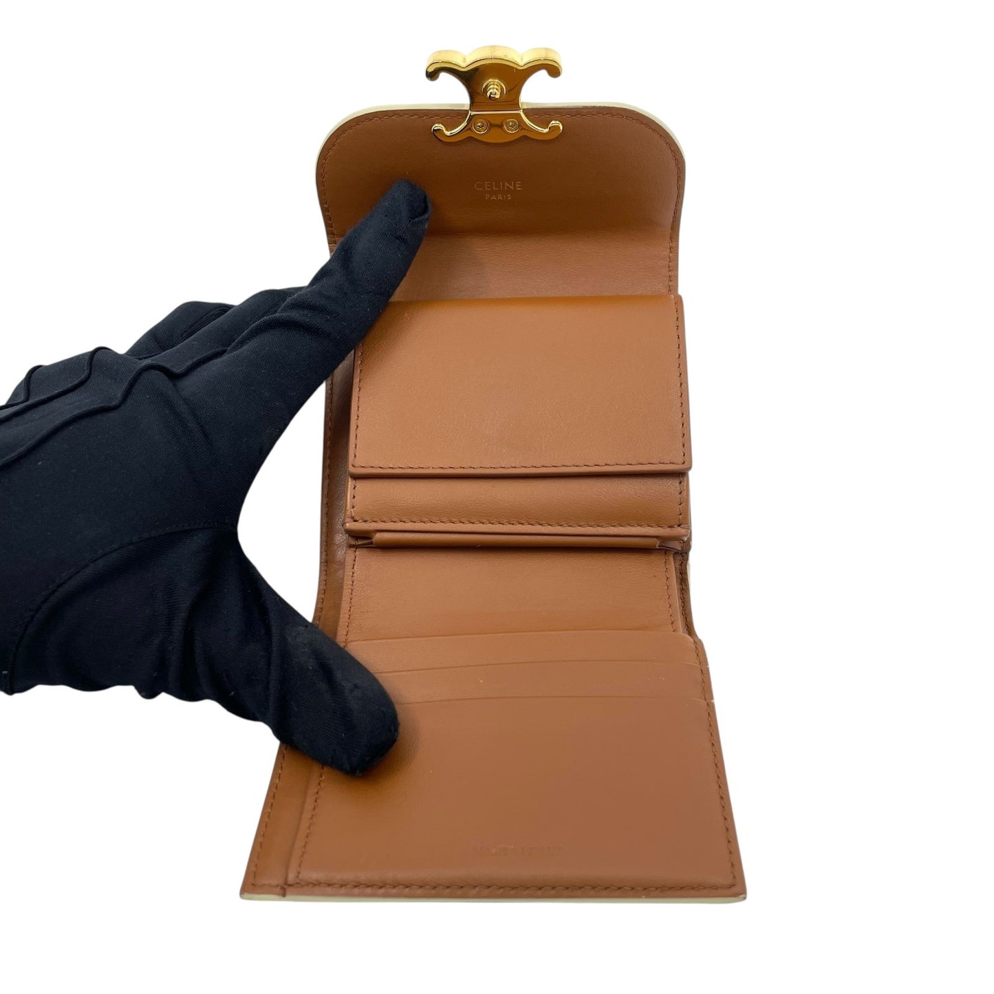 CELINE セリーヌ 三つ折り財布 トリオンフキャンバス PVC スモール コンパクトウォレット ベージュ ホワイト 10D78 レディース メンズ ユニセックス M5