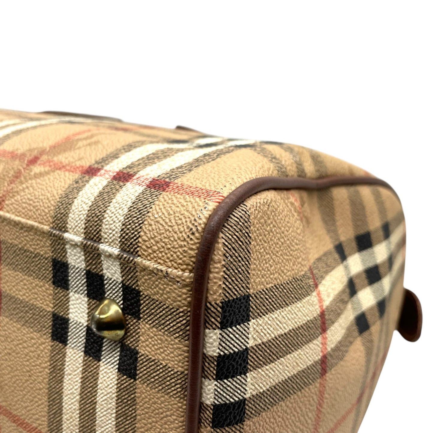 BURBERRY バーバリー ノバチェック シャドーホース ホースロゴ ボストンバッグ 茶 ブラウン ベージュ PVC レザー ゴールド金具 手提げ ヴィンテージ メンズ レディース E