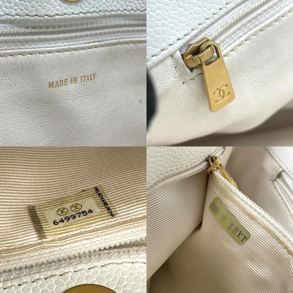 シャネル CHANEL トートバッグ キャビアスキン マトラッセ ココマーク 白 ホワイト ブラウンチェーン シルバー金具 C