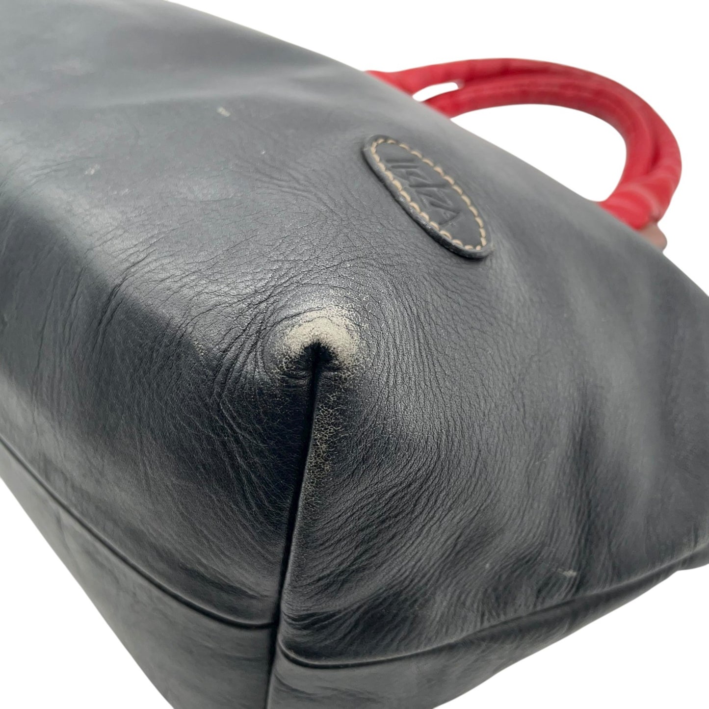 イビザ IBIZA レザーハンドバッグ バイカラー レッド×ブラック 赤 黒 木製リングデザイン レディース S68