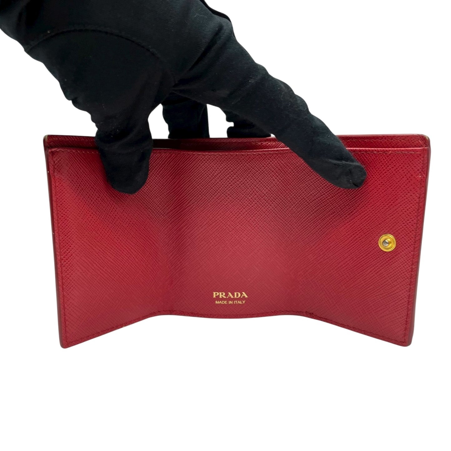 プラダ PRADA サフィアーノレザー 三つ折り財布 ミニウォレット 赤 レッド ゴールドロゴ コンパクトウォレット M5