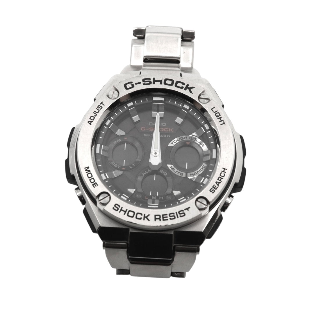 美品 CASIO カシオ G-SHOCK Gスチール GST-W110D ソーラー電波 シルバー メタル フルメタル 腕時計 メンズ クロノグラフ ワールドタイム アラーム タイマー LEDバックライト カシオ ジーショック CASIO GSTW110D G4