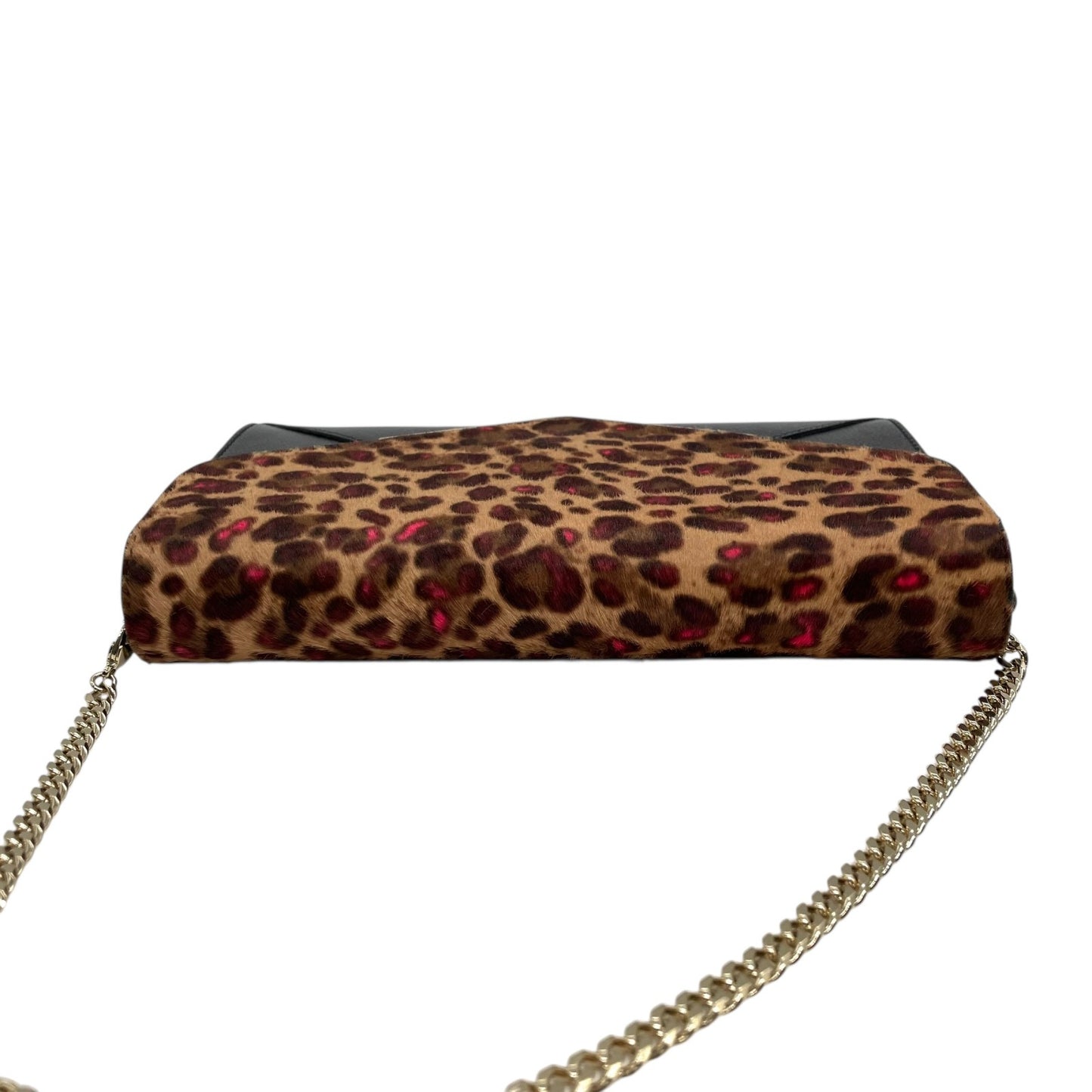 美品 フルラ FURLA チェーンショルダーバッグ チェーンショルダー クラッチバッグ 2WAY レオパード柄 黒 ブラック レザー 型押し 金金具 ゴールド金具 上品 クラッチ S52