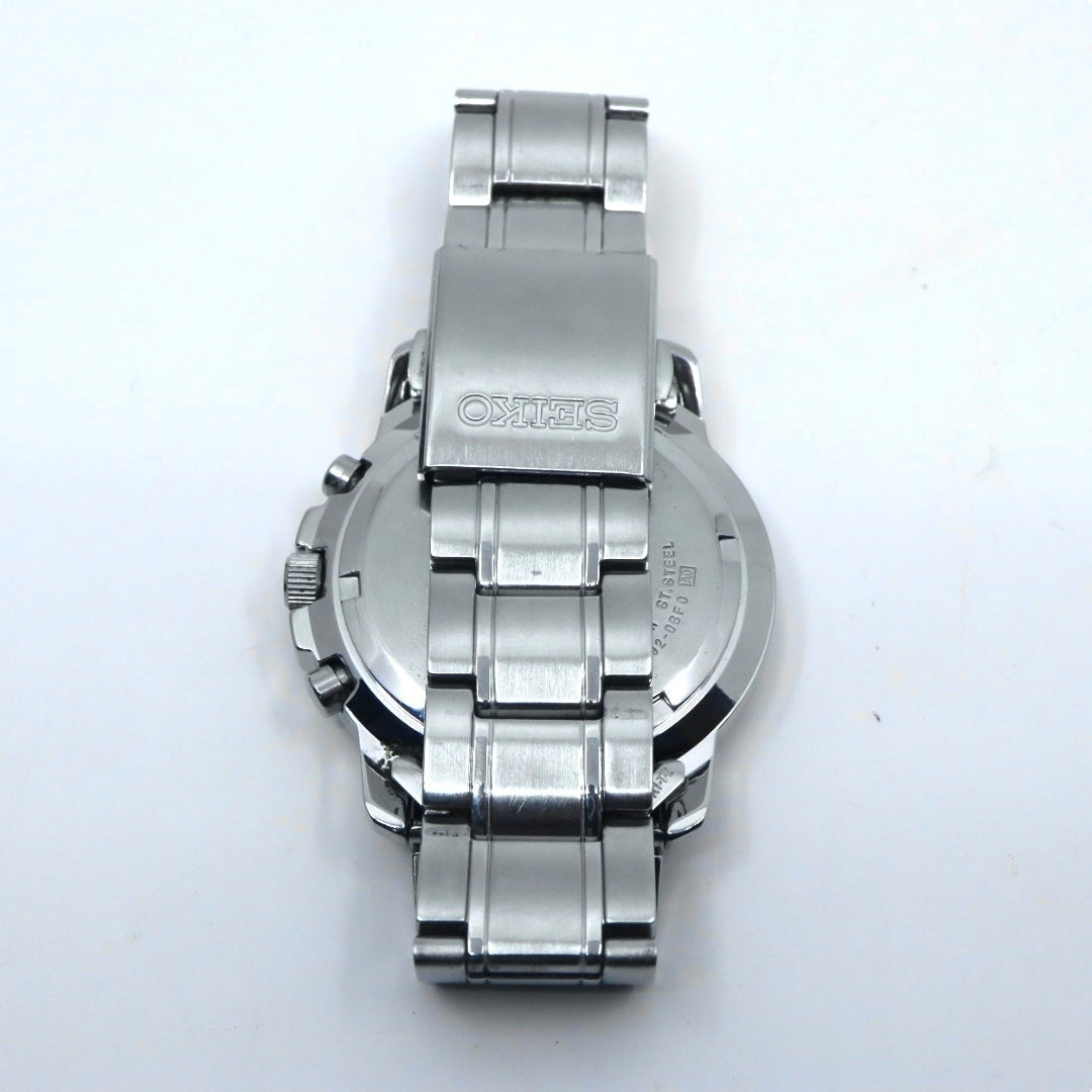 極美品 SEIKO セイコー 腕時計 クロノグラフ 7T92-0BF0 メンズ クオーツ 100M防水 ブラックダイヤル シルバー デイト タキメーター スポーツ ビジネス カジュアル 日本製ムーブメント クリーニング済み G4