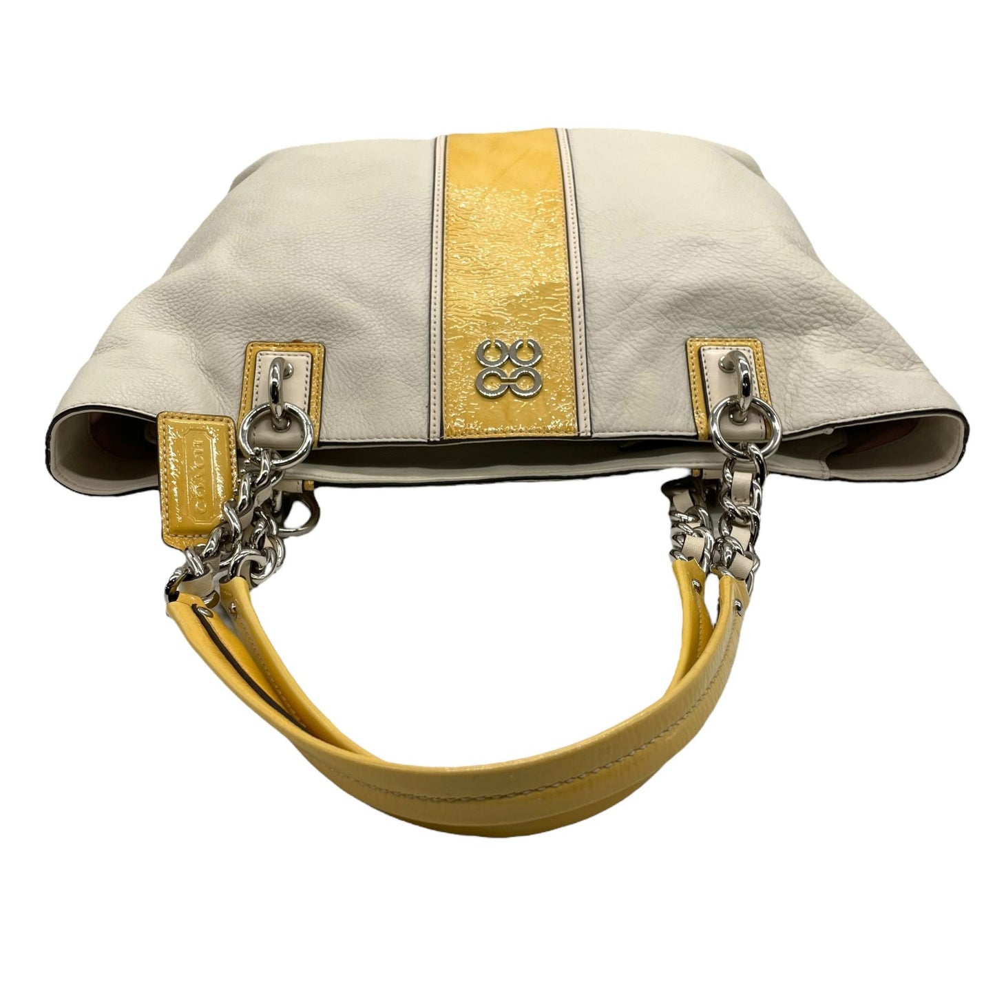 美品 コーチ COACH トートバッグ ホワイト 白 イエロー 黄色 レザー パテントレザー 肩掛け可 ロゴ チャーム付き シルバー金具 レディース S97