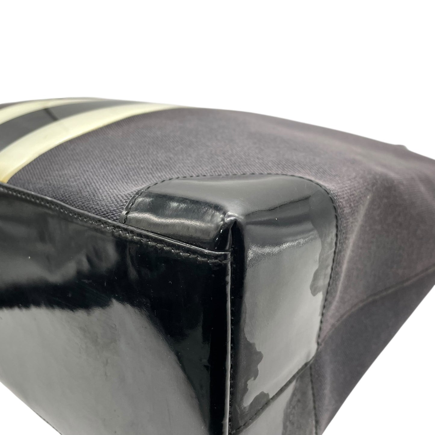 グッチ GUCCI トートバッグ ハンドバッグ ネイビー ブラック キャンバス パテントレザー 手提げ メンズ ゴールド金具 ストライプ E