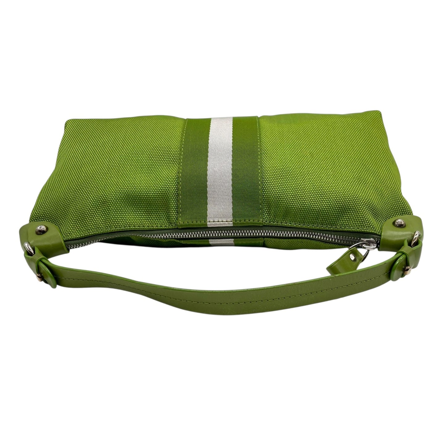 美品 バリー BALLY ハンドバッグ ヘリージ グリーン 黄緑 キャンバス レザー 横長 Y2K ストライプ 手提げ シルバー金具 S84