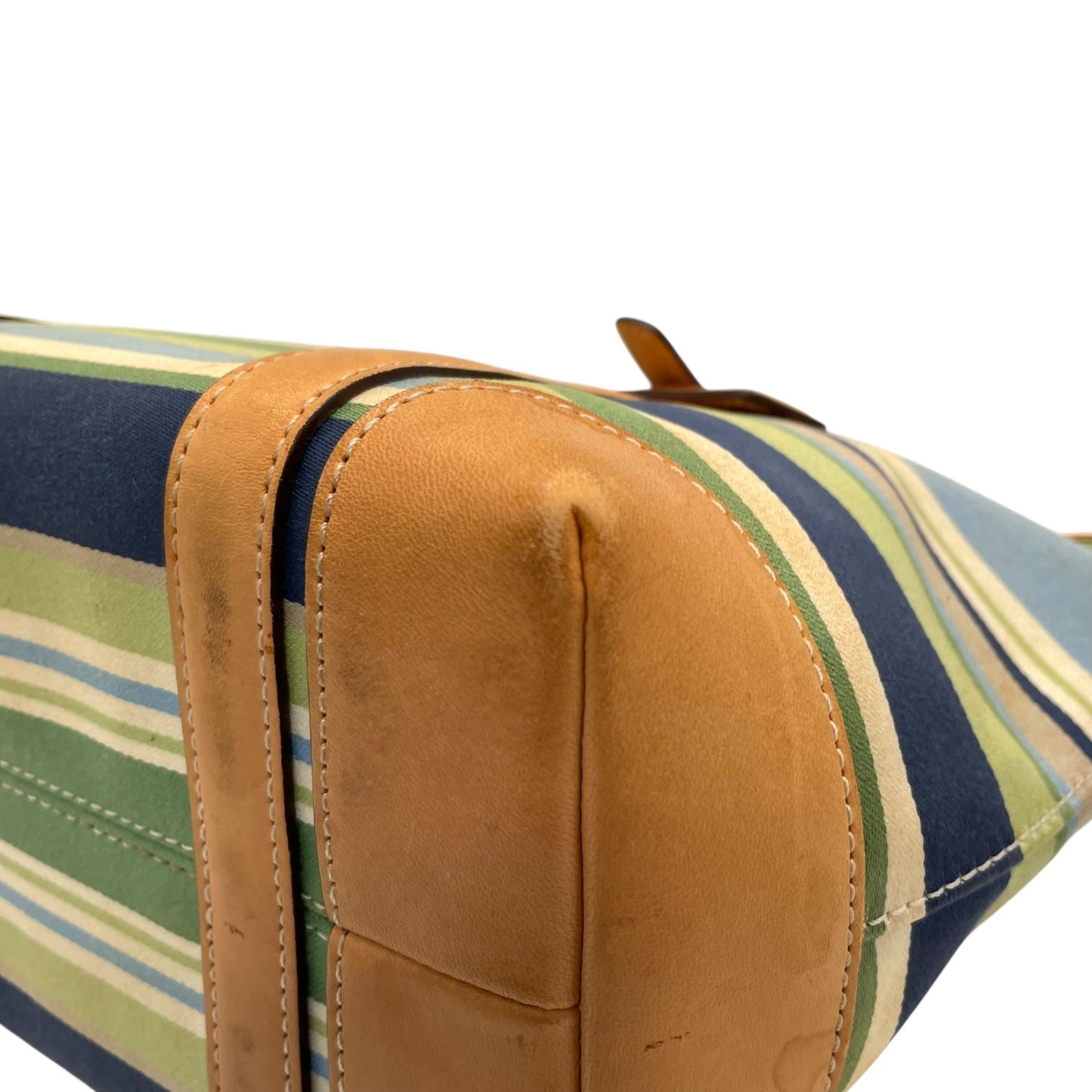 コーチ COACH ハンドバッグ ミニトート マルチストライプ ボーダー キャンバス レザー ロゴチャーム ファスナー開閉 ネイビー ブルー グリーン マルチカラー シルバー金具 手提げ レディース T1