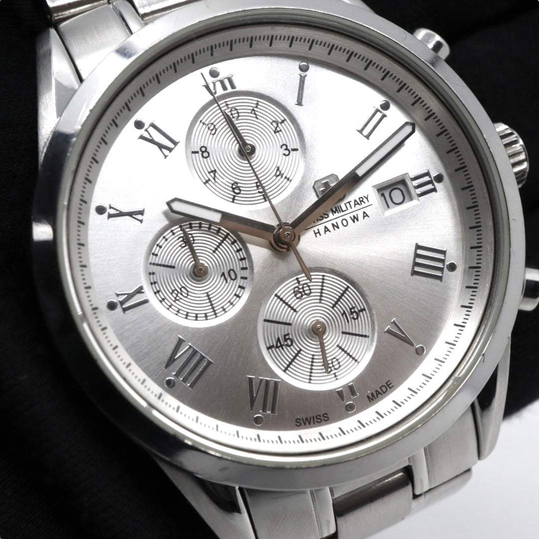 【電池交換済】スイスミリタリー ハノワ 腕時計 06-5219 クロノグラフ メンズ クオーツ シルバー文字盤 デイト表示 アナログ ローマンインデックス ビジネス カジュアル スポーツ エレガント スイス製 クリーニング済み G3