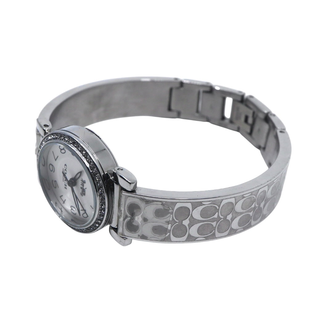 美品 電池交換済 コーチ COACH 腕時計 CA.66.7.95.1489S レディースウォッチ クォーツ ラインストーンベゼル シルバー ホワイト文字盤 シグネチャー柄ブレスレット アナログ エレガント クラシック ドレスウォッチ 稼働品 G3