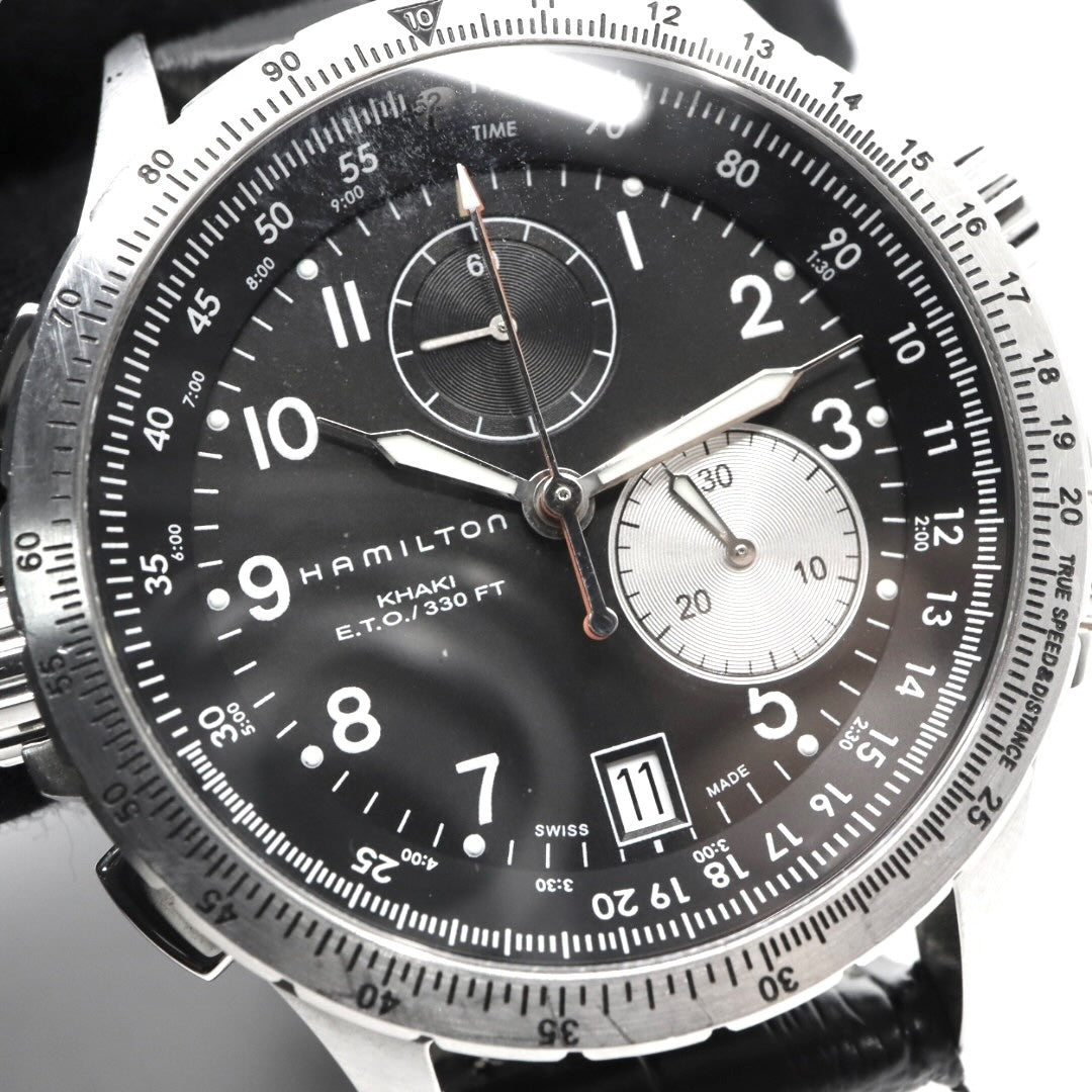 極美品 電池交換済 ハミルトン HAMILTON Estimate Time Over　カーキ E.T.O. H776120 腕時計 メンズ クロノグラフ クォーツ 黒文字盤 レザー アナログ アビエーション パイロットウォッチ スイス製 G3