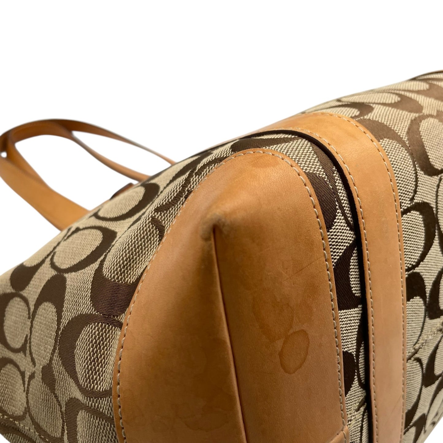 COACH コーチ シグネチャー キャンバス トートバッグ レザー 茶 ブラウン ベージュ シルバー金具 肩掛け可 ファスナー開閉 レディース S11