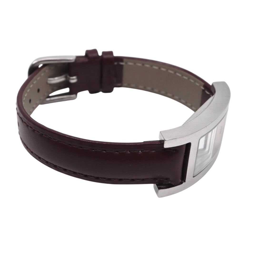 【美品／電池交換済／新品ベルト(社外品)】バーバリー BURBERRY BU1015 レディース腕時計 クオーツ アナログ レクタンギュラー スクエア シルバー ブラウン文字盤 ボルドーレザー クラシック エレガント スイス製 クリーニング済 G2