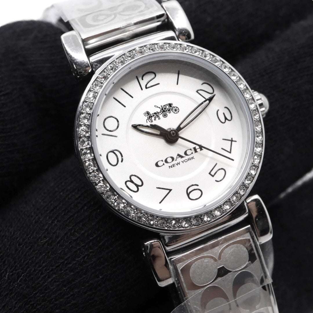 【ほぼ新品／電池交換済】コーチ COACH 腕時計 CA.66.7.95.1489S レディース クオーツ アナログ ラウンド シルバー ラインストーンベゼル シグネチャーブレスレット エレガント フェミニン ドレスウォッチ クリーニング済 G