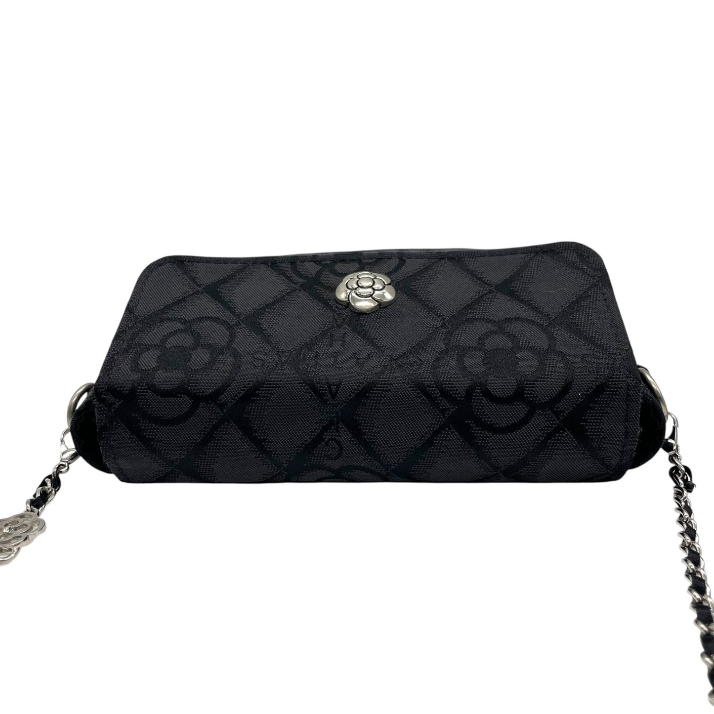 未使用級 クレイサス CLATHAS ショルダーバッグ ミニバッグ 黒 ブラック キャンバス シルバー金具 チェーンショルダー カメリア柄 ロゴ 斜め掛け可 レディース E6