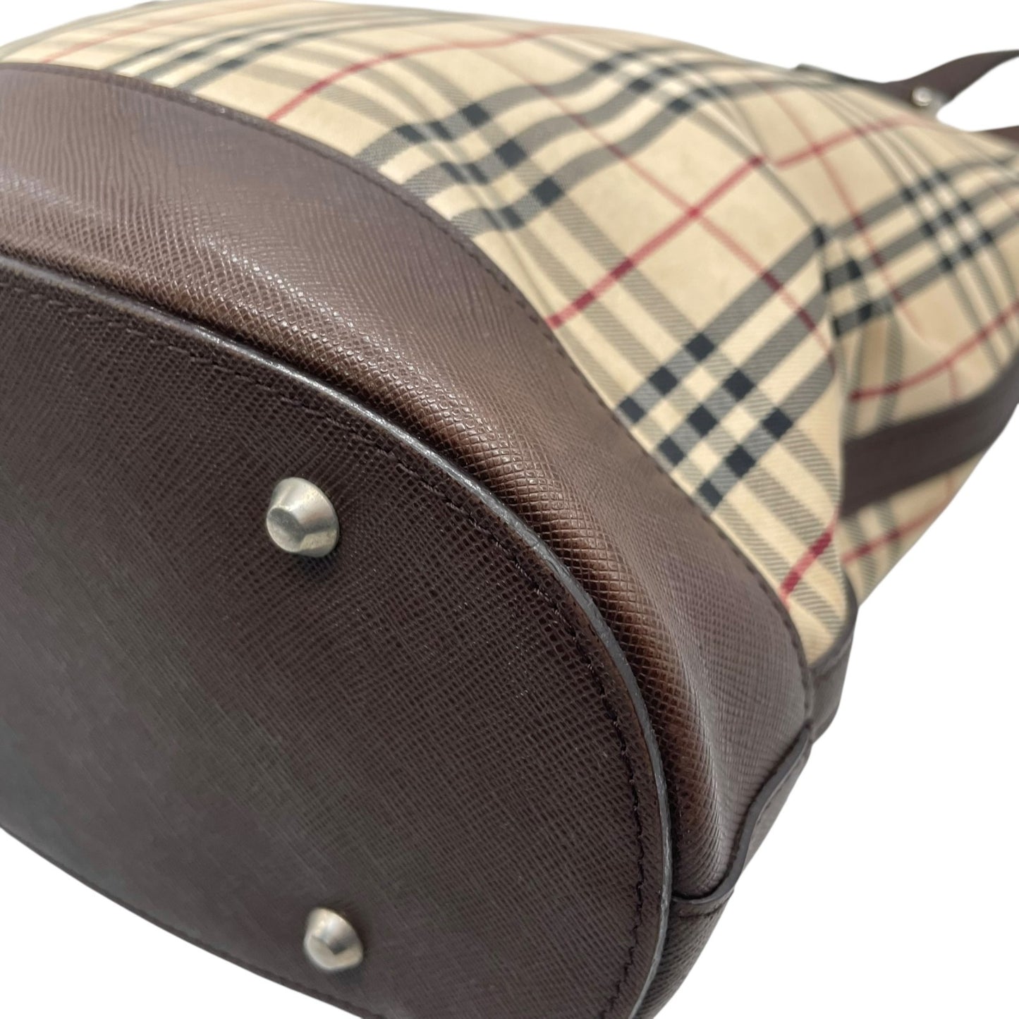 バーバリー BURBERRY トートバッグ ノバチェック キャンバス レザー ベージュ ブラウン 茶 シルバー金具 バケツ型 ロゴ型押し レディース A8