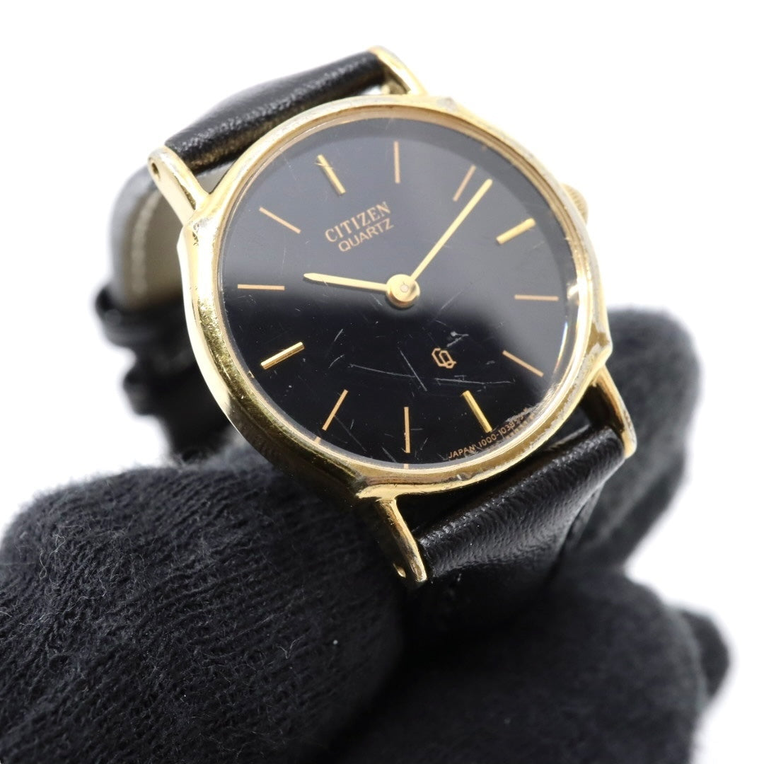 citizen シチズン クオーツ 腕時計 4-102321Y ゴールド ブラック文字盤 ラウンドケース レザーベルト レディース ヴィンテージ