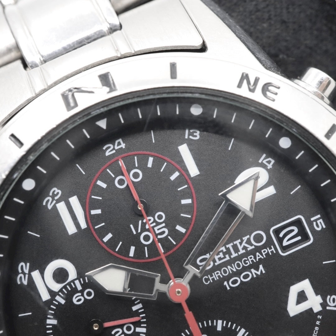 【美品/電池交換済】セイコー クロノグラフ 7T92-0DX0 腕時計 メンズ 100M防水 クオーツ ステンレス ブラック文字盤 シルバー アナログ デイト表示 方位計 スポーツウォッチ ビジネス カジュアル ファッション G10