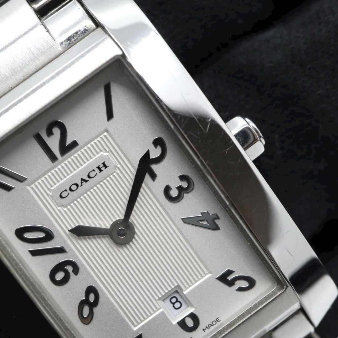 【美品】コーチ COACH 腕時計 レディース レクタンギュラー 0243 スクエア シルバー 白文字盤 ステンレス クォーツ 3針 デイト ビジネス フォーマル オフィス 通勤 クラシック 上品 洗練 スイス製 角型 G10