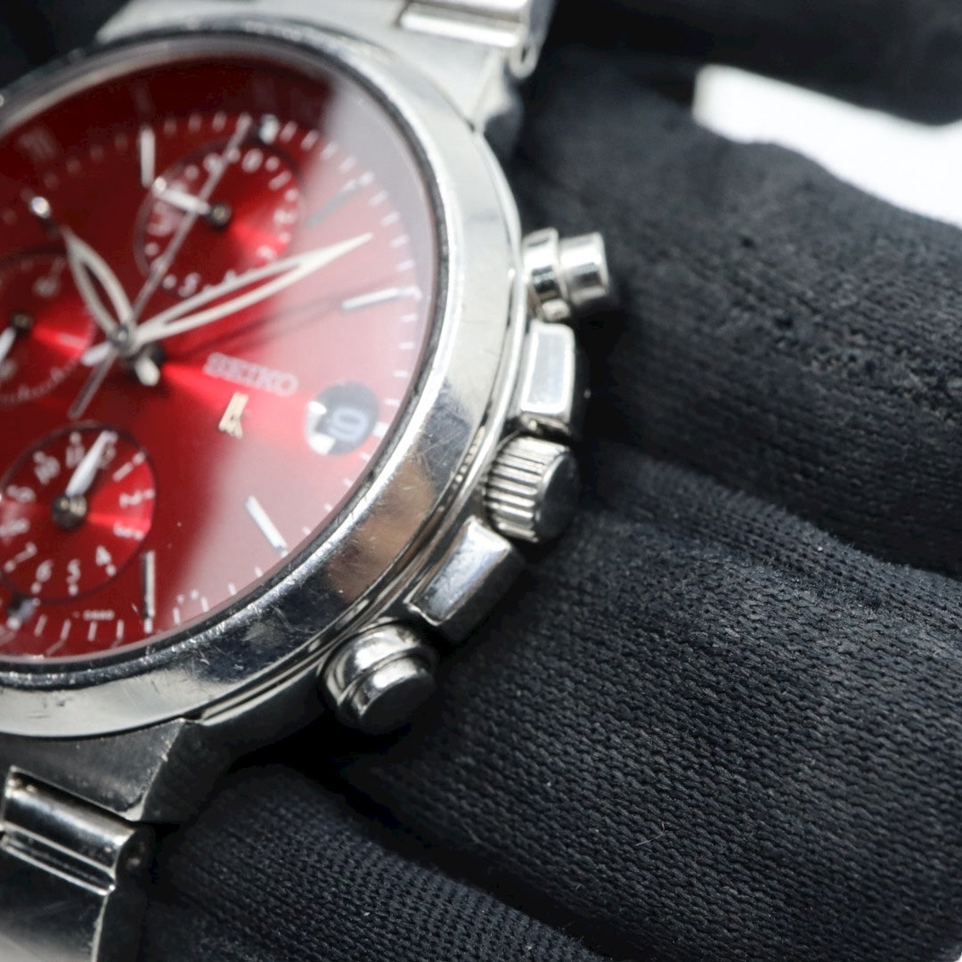 【美品/電池交換済】SEIKO セイコー ルキア 7T92-0AA0 クロノグラフ 腕時計 レディース クオーツ 10気圧防水 ステンレス レッド 赤文字盤 シルバー デイト タキメーター 日本製 ビジネス カジュアル エレガント G10 lukia